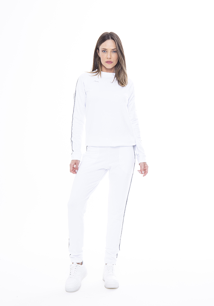 Calça Jogger de Moletinho com  Fita Listrada Branco