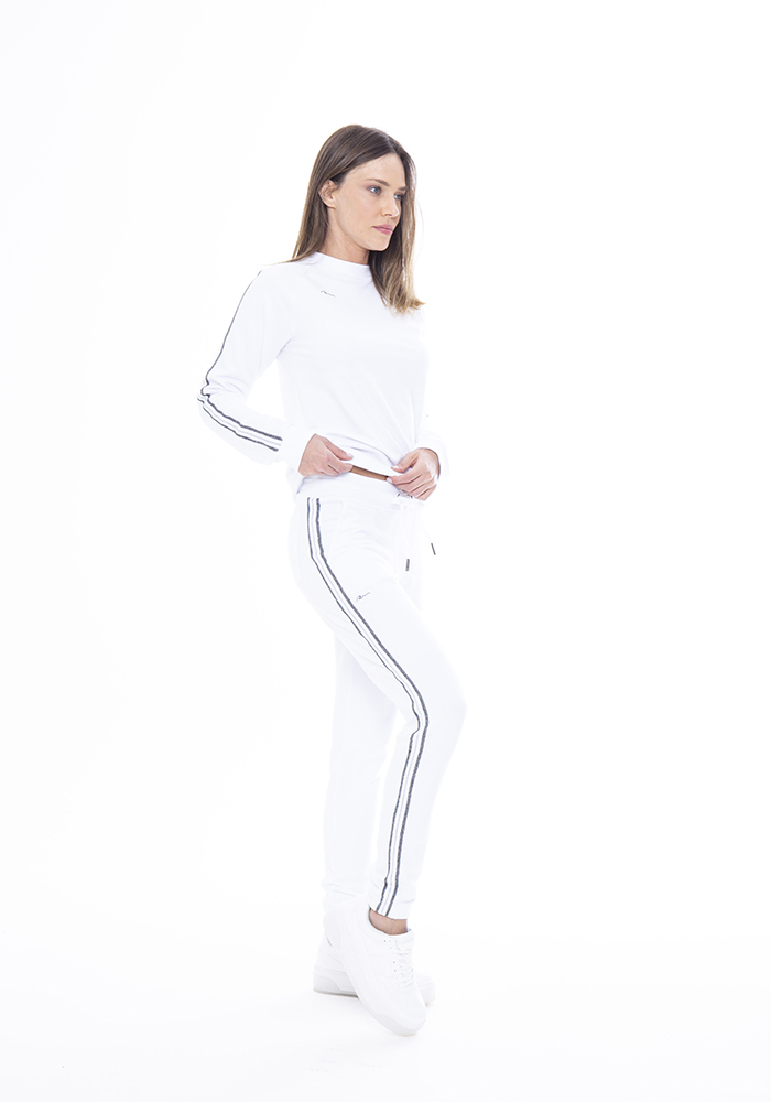 Calça Jogger de Moletinho com  Fita Listrada Branco