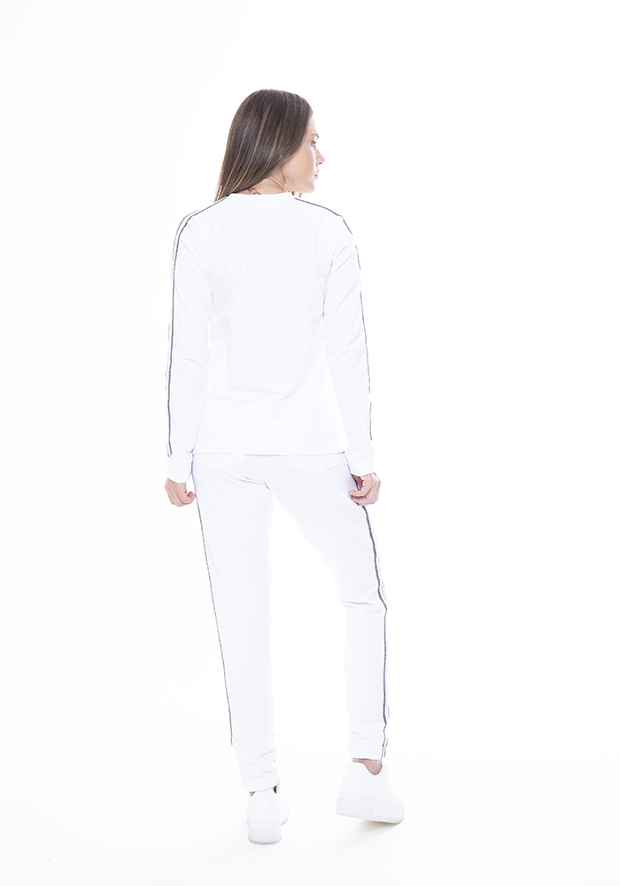 Calça Jogger de Moletinho com  Fita Listrada Branco