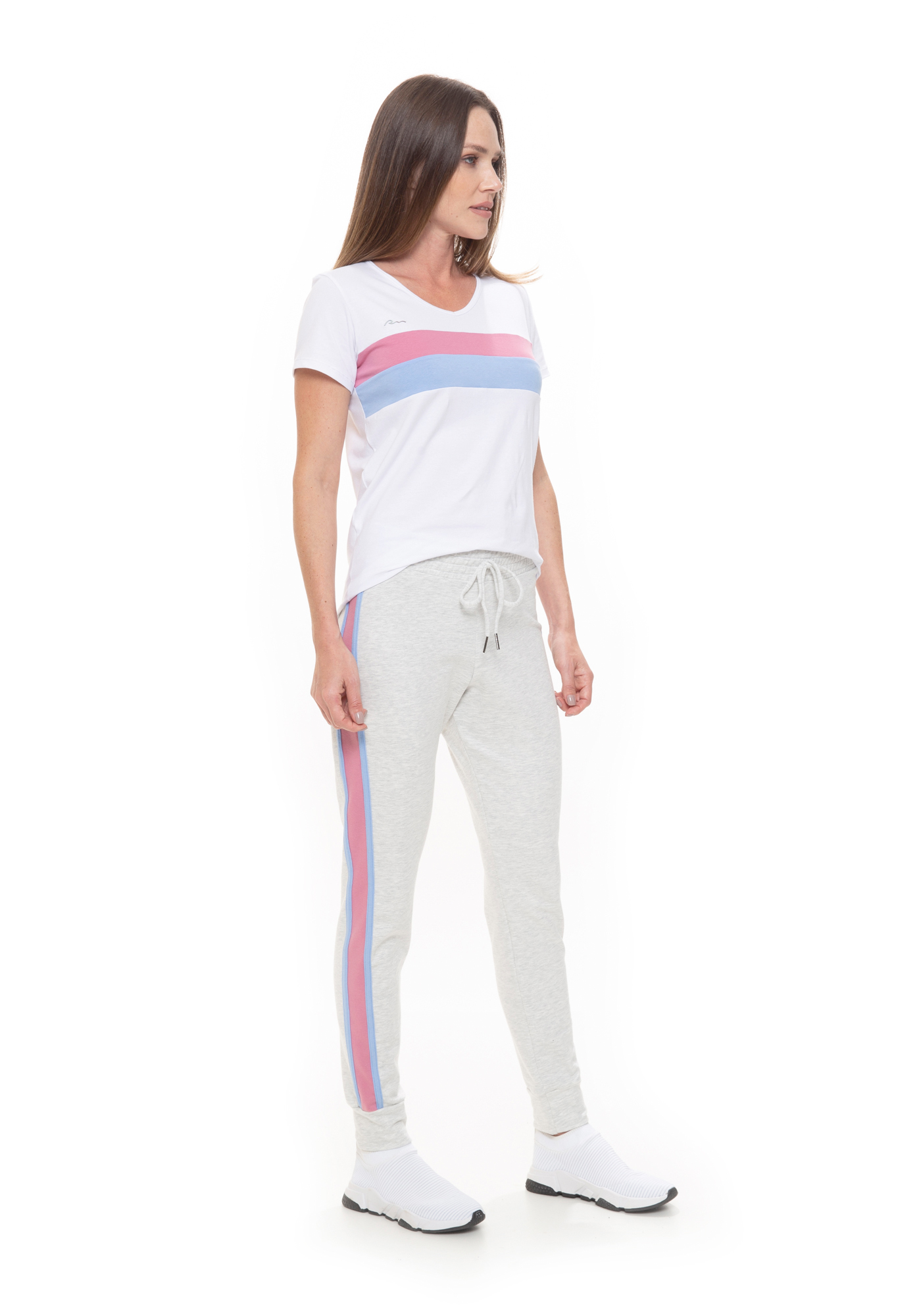 Calça Jogger Listras Mescla 76 / Rosa 24
