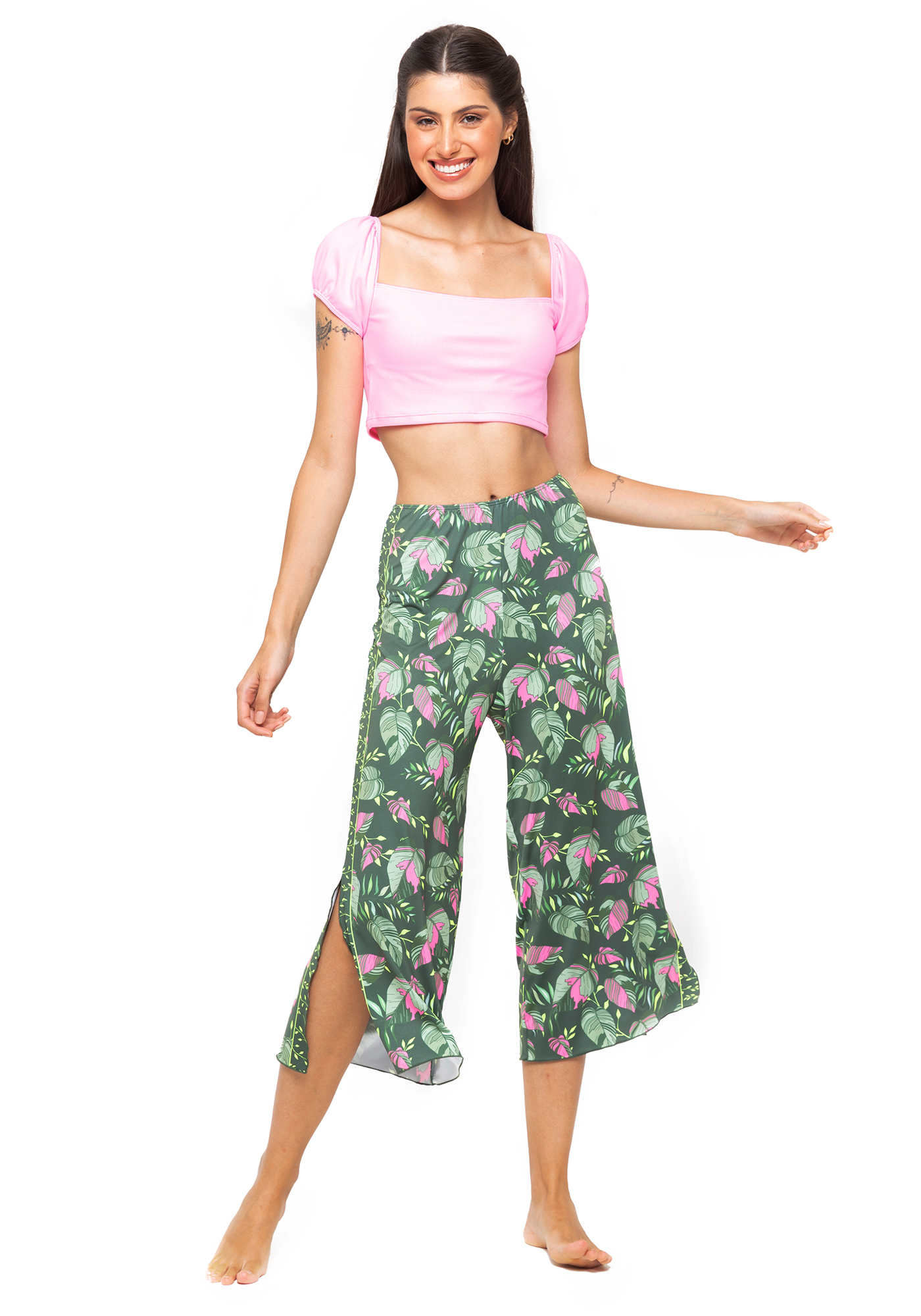 Blusa Cropped com Mangas Franzidas Rosa 25