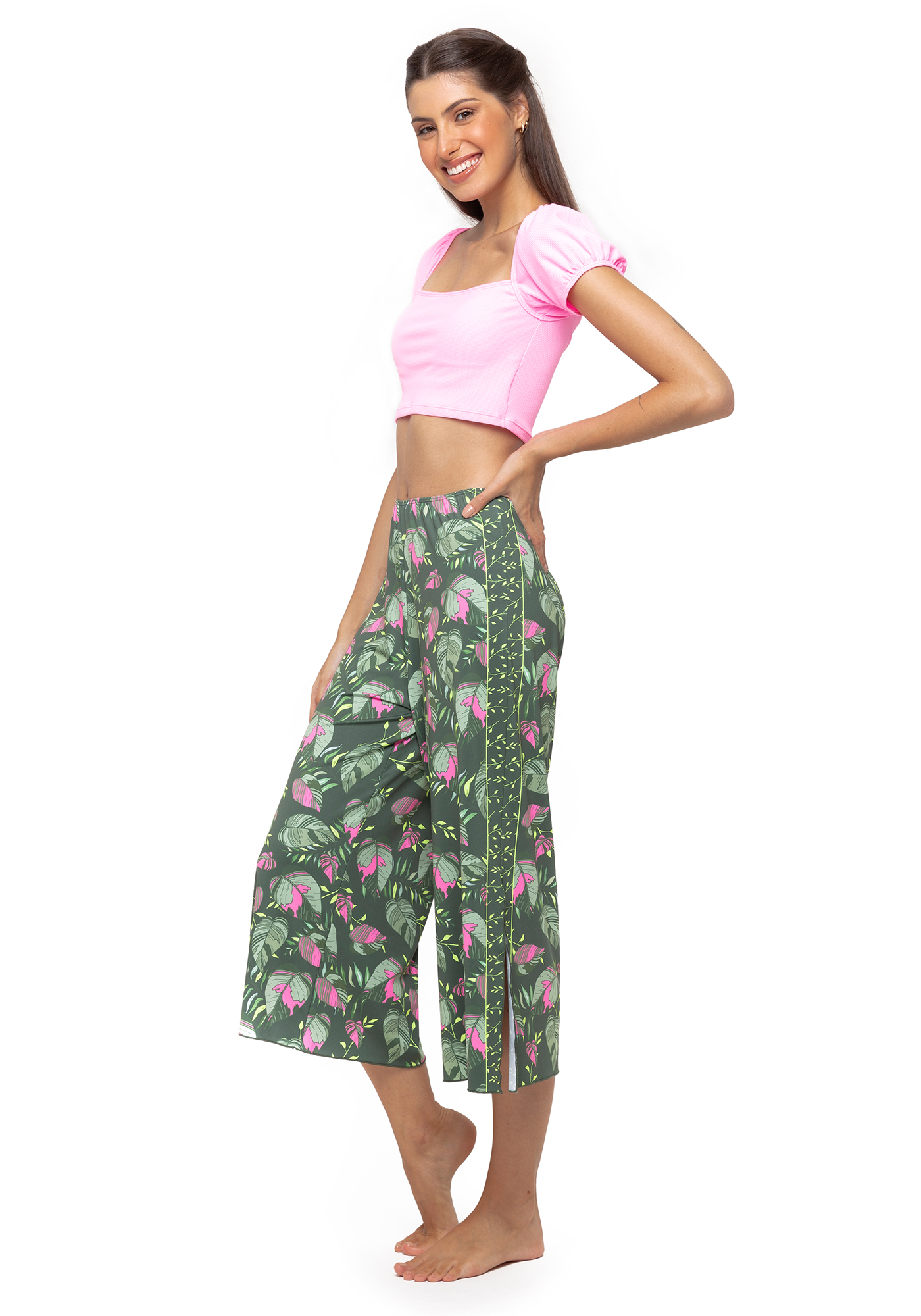 Blusa Cropped com Mangas Franzidas Rosa 25