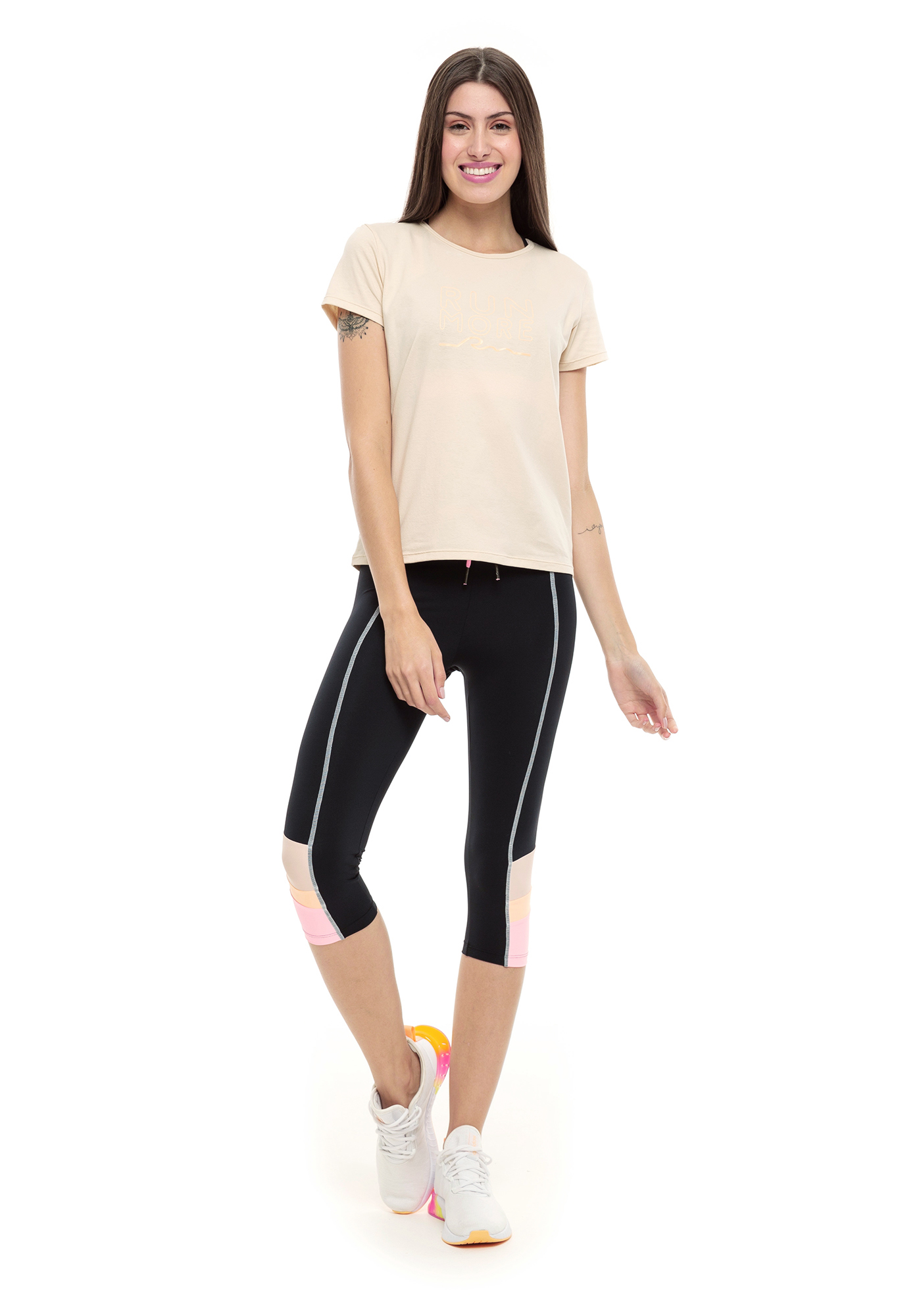 T-Shirt Print Style Run More Bege 01 / Laranja 09