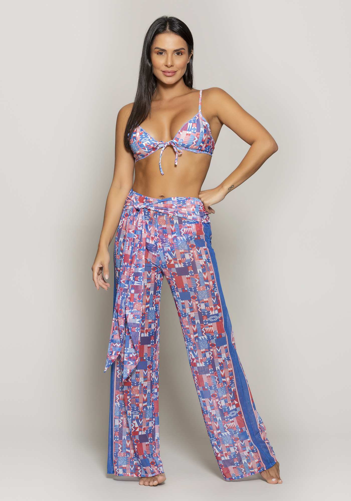 Calça Pantalona de Tule Estampado Su 008a