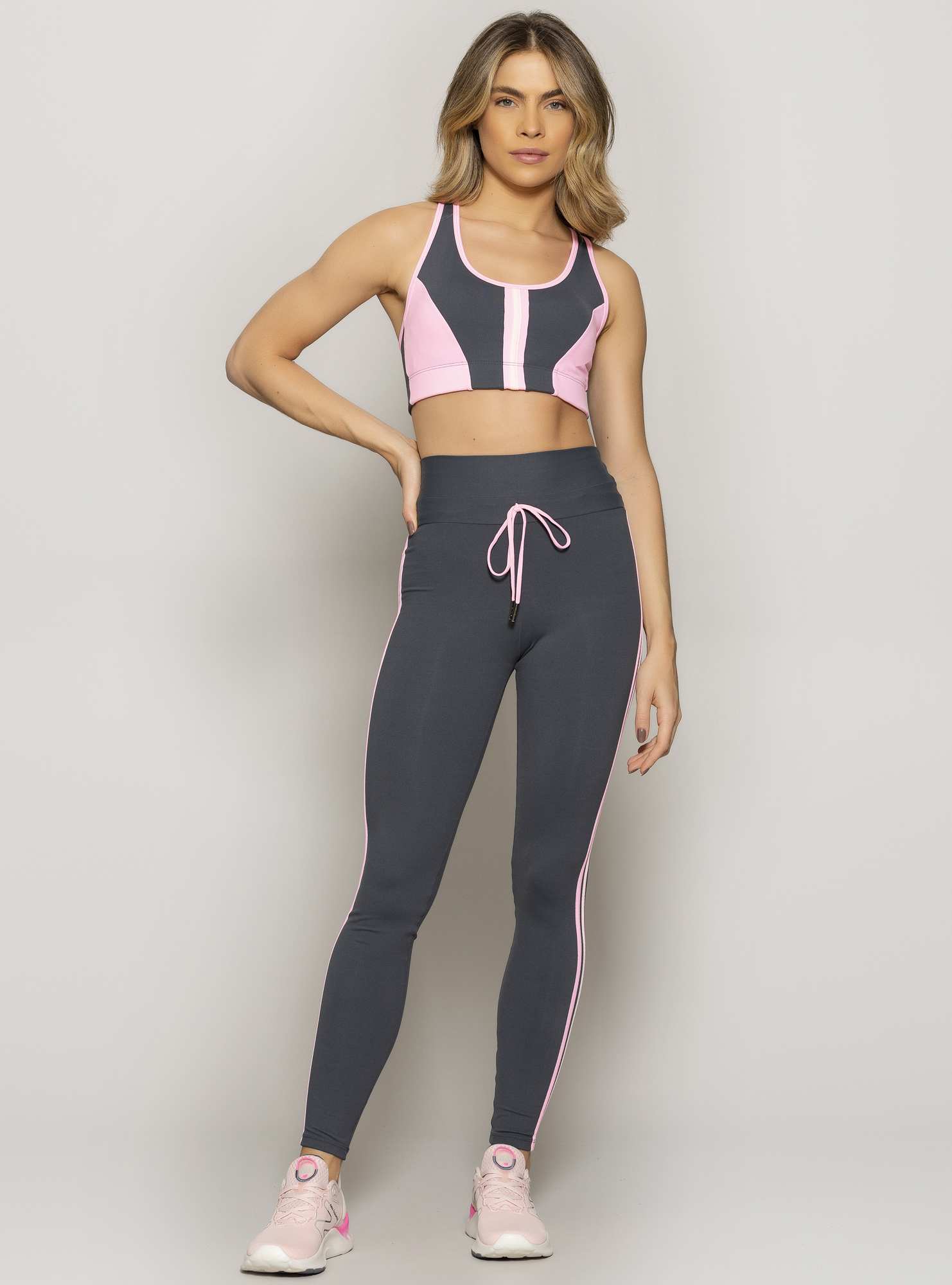 Legging Com Bolso  Powerful Cinza 02 / Rosa 25