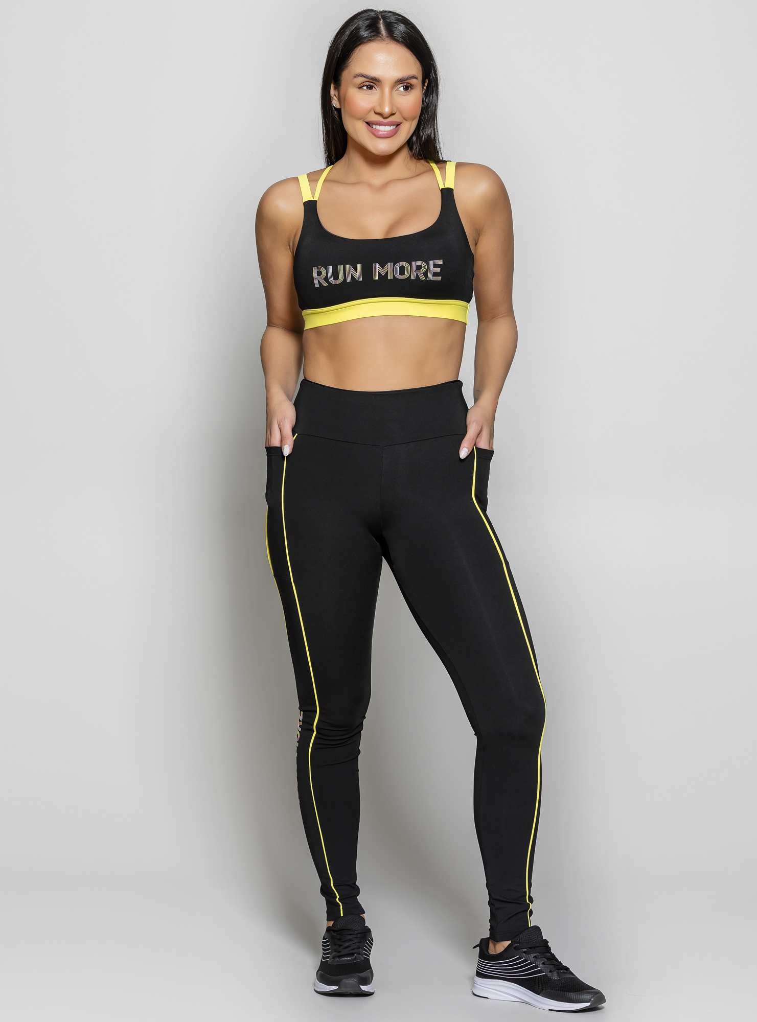 Legging com bolso Running Preto 02 / Amarelo 03