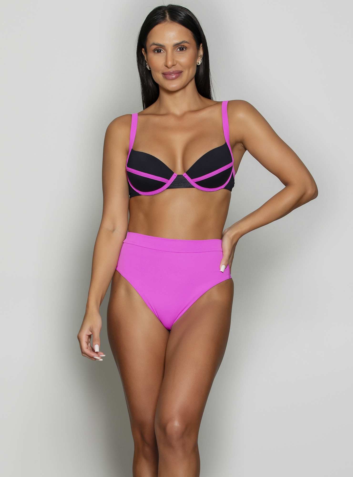 Top Biquíni Meia Taça Outlines Preto / Rosa 03