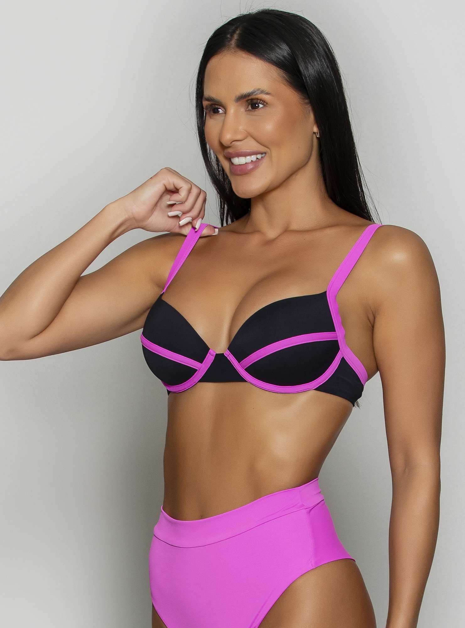 Top Biquíni Meia Taça Outlines Preto / Rosa 03